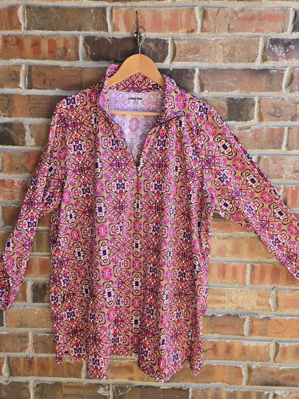 Lands' End Pink Multi-Pattern V-Neck Long-Sleeve Tunic Slinky Soft Layering